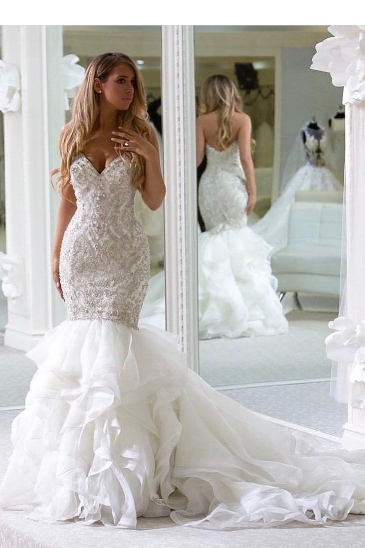 Sweetheart Rhinestones Wedding Dresses Mermaid Ruffled Train