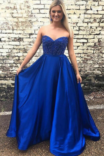 Sweetheart Royal Blue Satin Prom Gowns with Beaded Bodice vestido de f ...