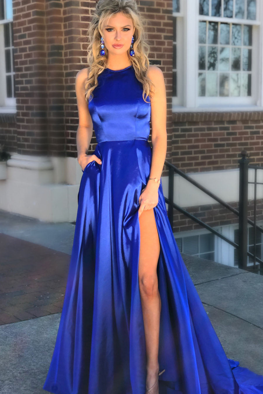 Thigh-high slit Royal Blue Long Prom Gown with Hollow Back – loveangeldress
