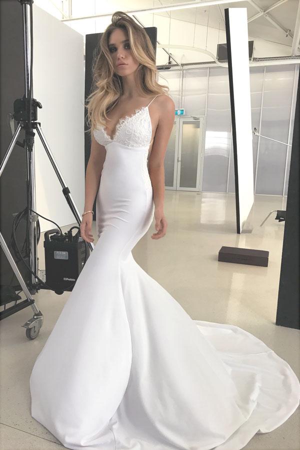 Thin Straps Mermaid Wedding Dresses Lace Neckline – loveangeldress