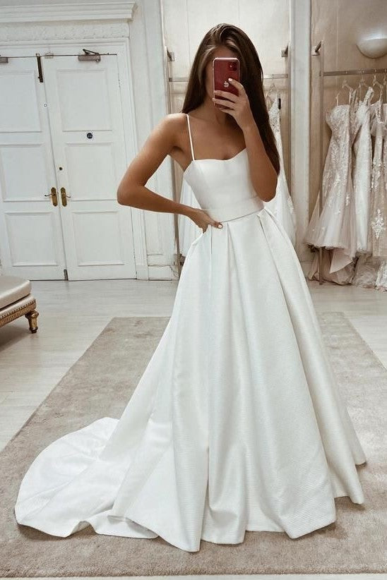 Thin Straps Satin Bride Wedding Dresses with Sweep Train – loveangeldress