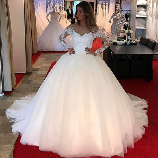 Tulle Ball Gown Wedding Dresses with Lace Long Sleeves 2019 ...