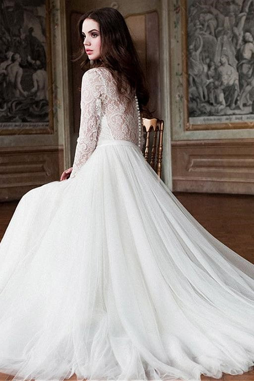 Tulle Skirt Modest Wedding Dresses Lace Long Sleeves – loveangeldress