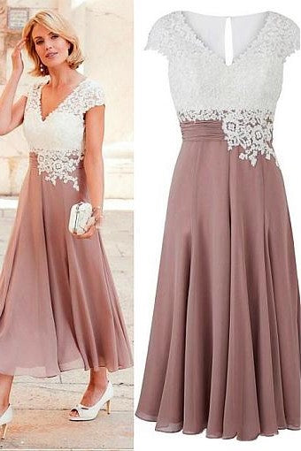 V-neck Chiffon Mother of the Bride Lace Dress with Cap Sleeves ...