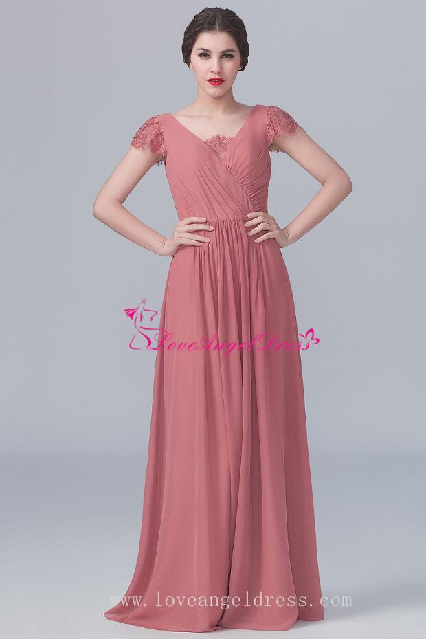 V-neck Lace Capped Sleeves Chiffon Long Dresses for Bridesmaid ...