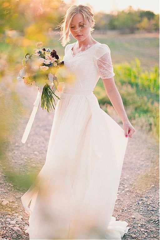 V-neck Lace Chiffon Boho Wedding Dress Short Sleeves – loveangeldress