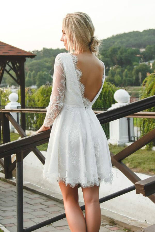 V-neck Lace Short Bridal Dress with Sleeves – loveangeldress