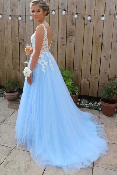 V-neck White Lace Appliques Blue Tulle Prom Dresses Long – loveangeldress