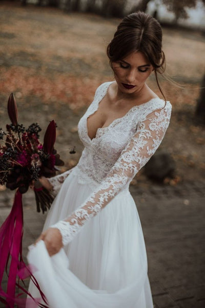 V-neckline Beach Bridal Dress with Sheer Lace Sleeves – loveangeldress