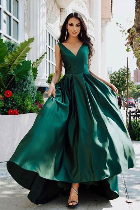 V Neckline Dark Green Prom Dresses With Satin Skirt 0669