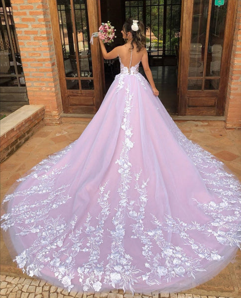 V-neckline Lace Floral Wedding Gown with Contrast Color Skirt ...