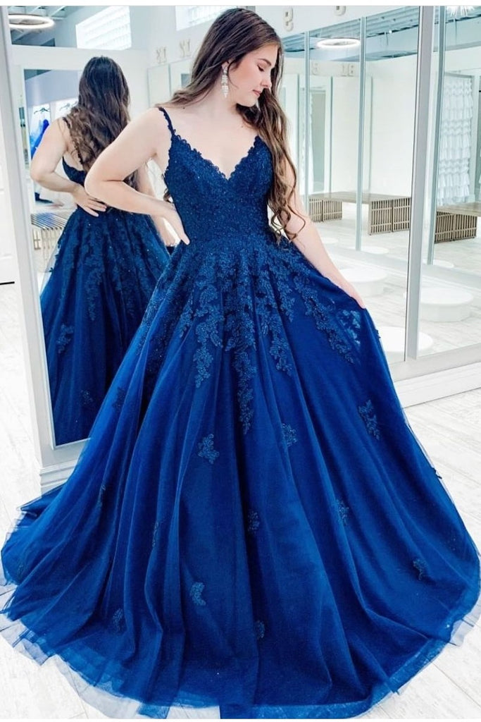 V-neckline Royal Blue Prom Dress with Lace Appliques Bodice ...