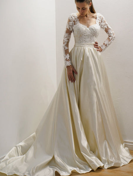 Vintage-inspired Satin Bride Wedding Gown with Lace Long Sleeves ...