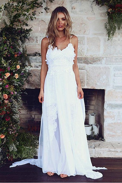 White Lace Beach Wedding Dresses with Chiffon Ribbons – loveangeldress