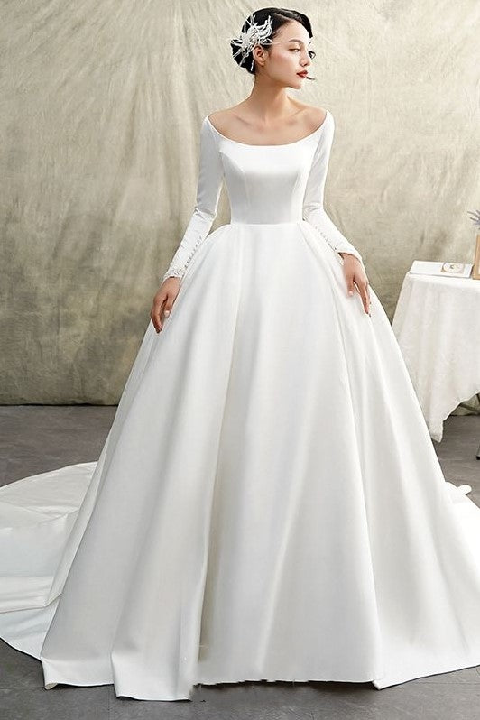 long sleeve satin ball gown