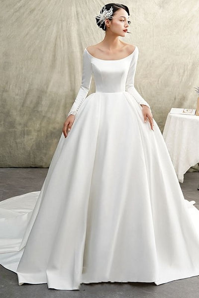 White Satin Ball Gown Wedding Dress Long Sleeve Wide Neckline ...