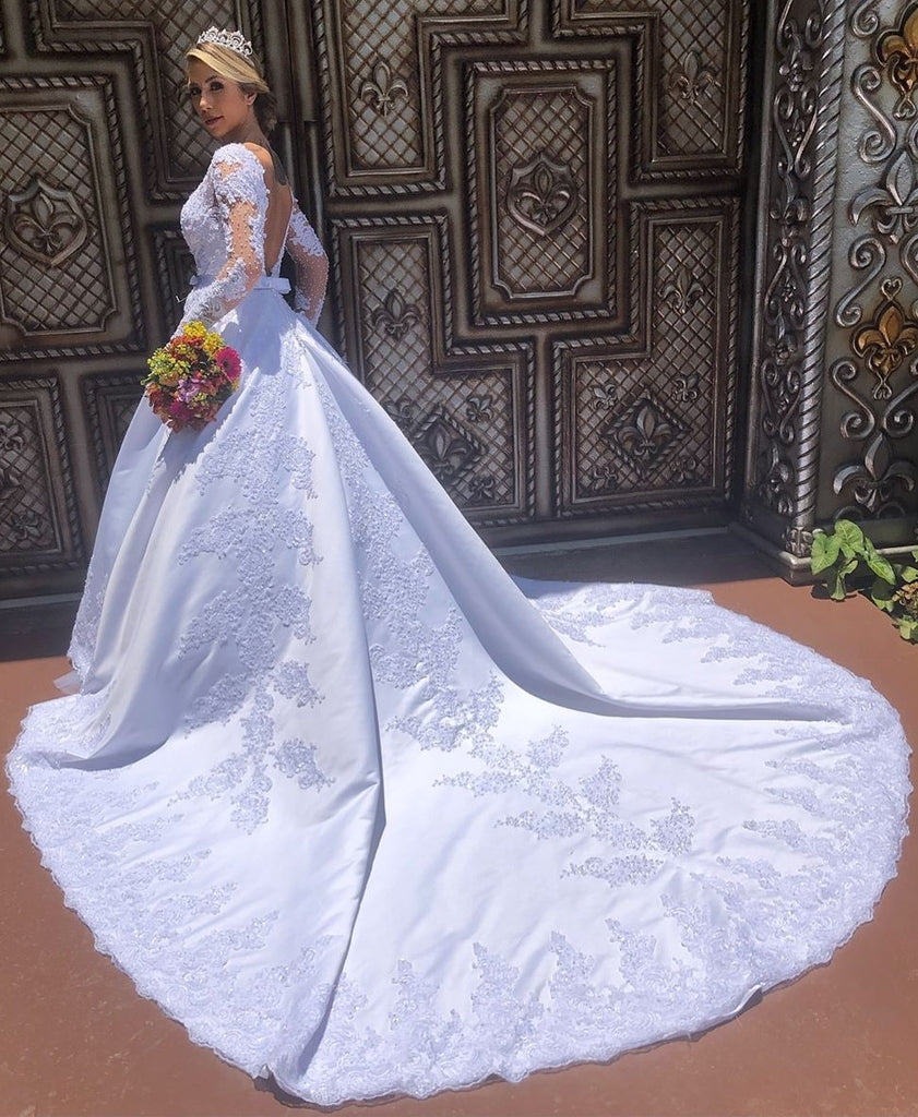White Satin Lace Wedding Dresses Illusion Long Sleeves Loveangeldress 