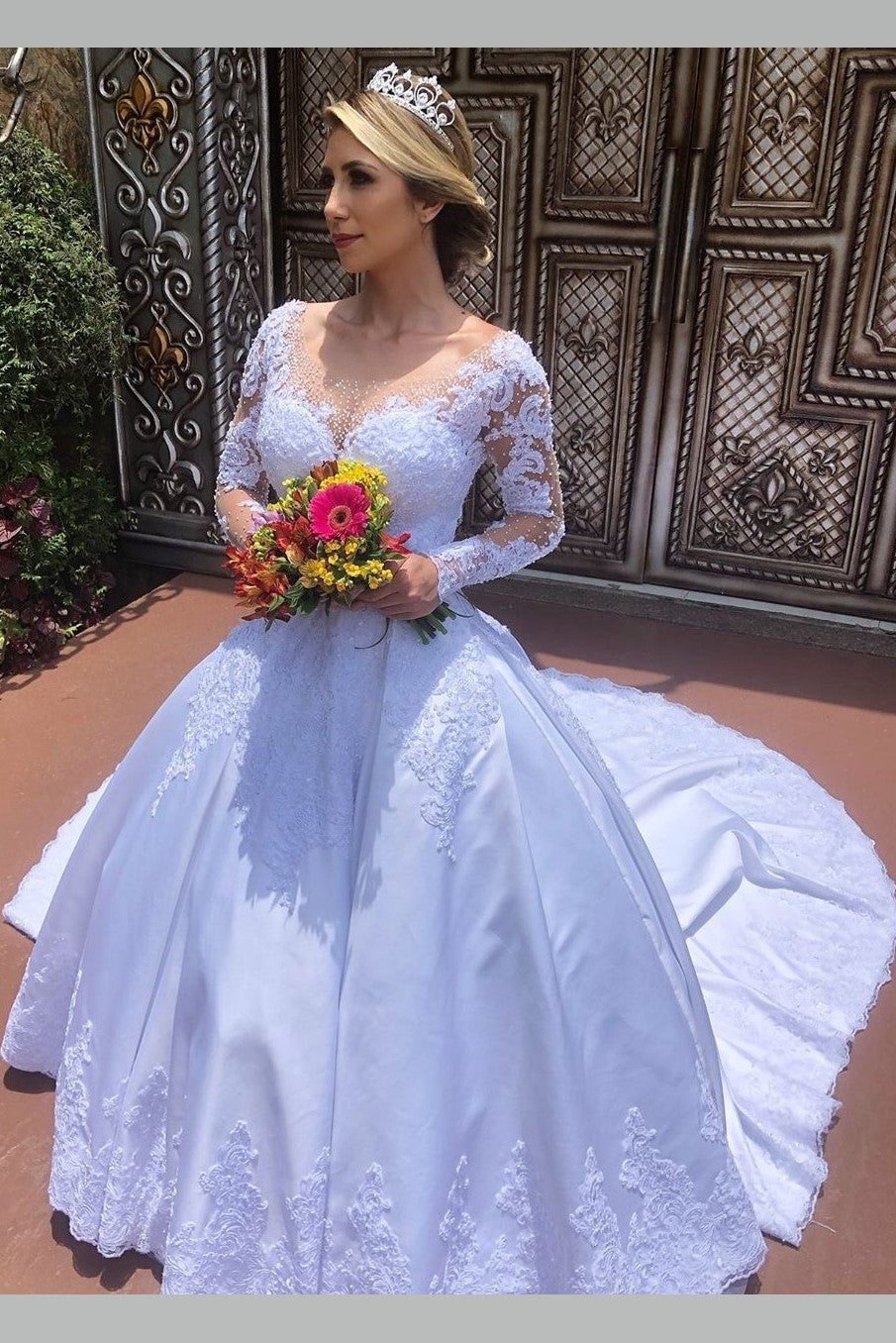 White Satin Lace Wedding Dresses Illusion Long Sleeves Loveangeldress 