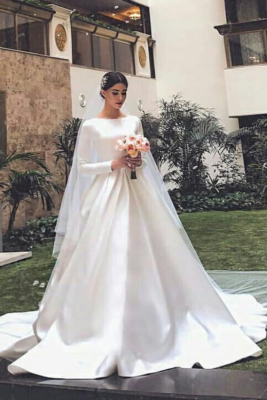 White Satin Modest Wedding Dresses With Long Sleeves Loveangeldress 1081