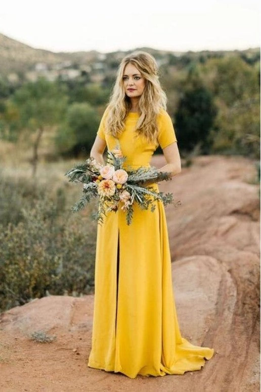 yellow bridesmaid dresses with sleeves