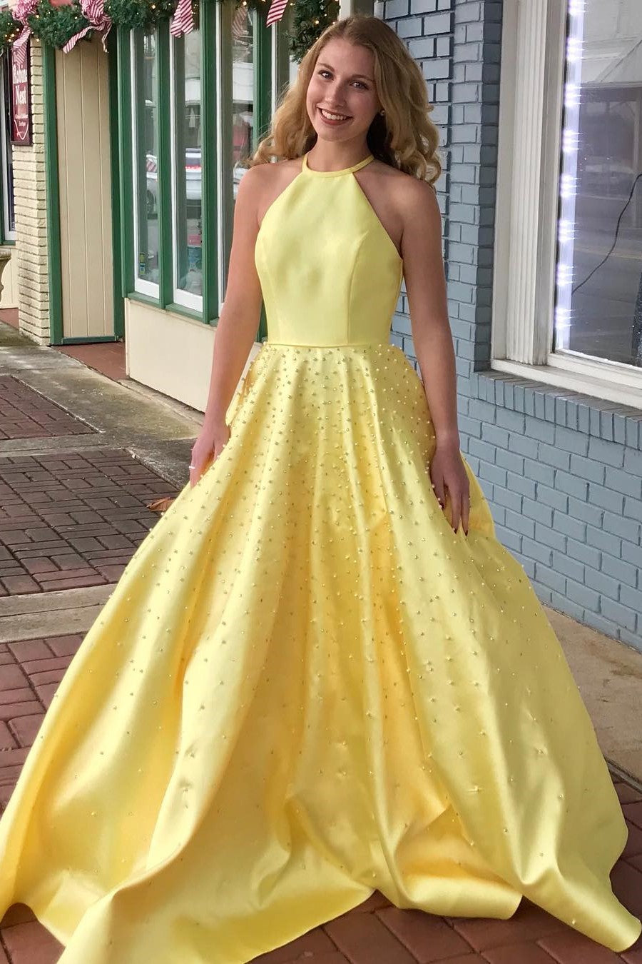 Yellow Satin Pearls Prom Dresses with Halter Neckline – loveangeldress