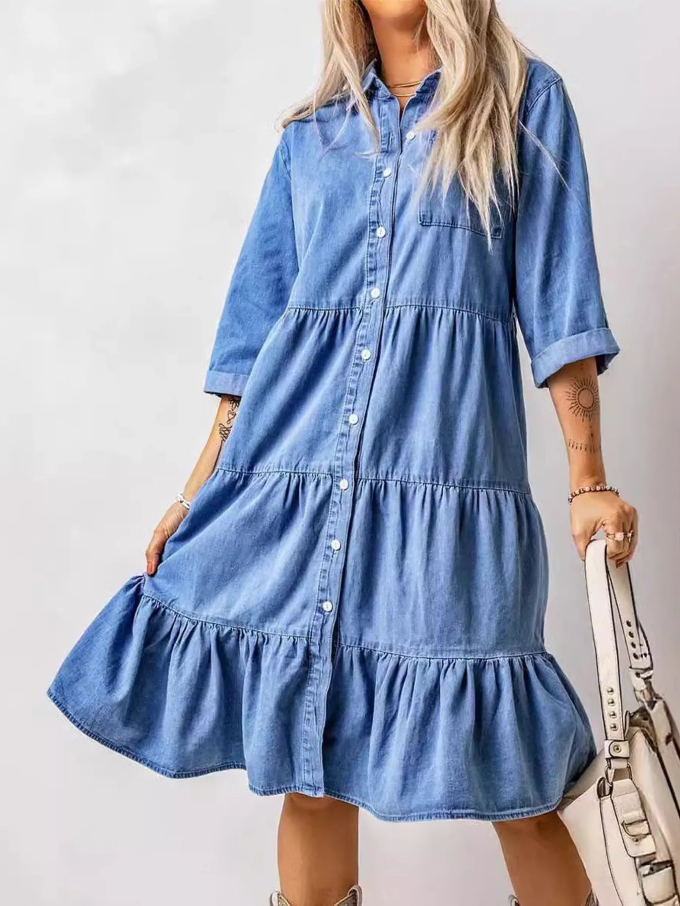 Montret Full Size Ruffled Hem Button Up Denim Midi Dress Plus Size