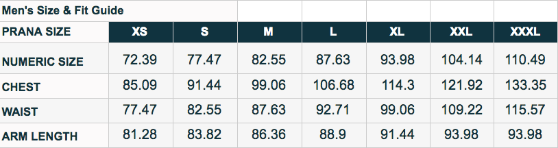 prAna storleksförteckning för män