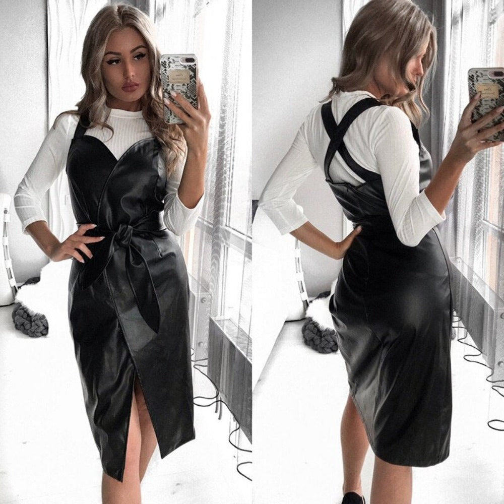 Everyday.Discount women pu leather dresses sashes strap slit knee length dresses 