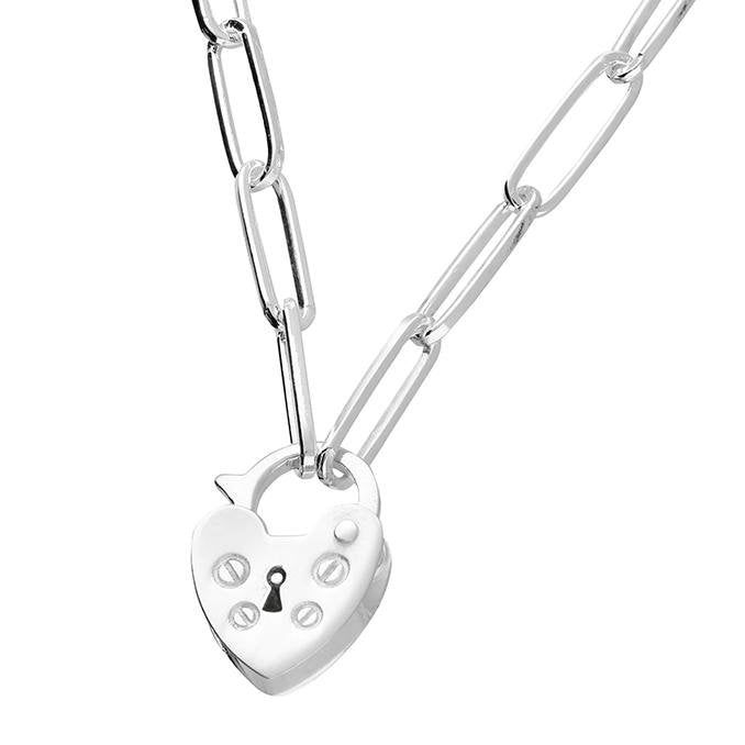 Sterling Silver Heart Lock Paperclip Chain Necklace