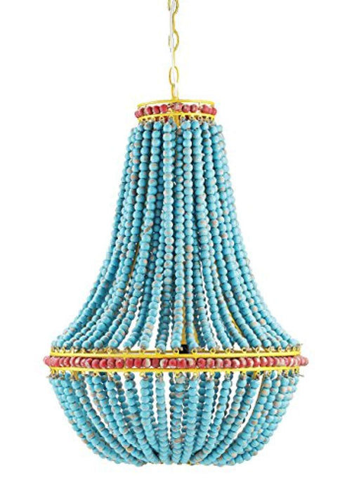 Blue & Red Wood Beaded Chandelier with Yellow Accents