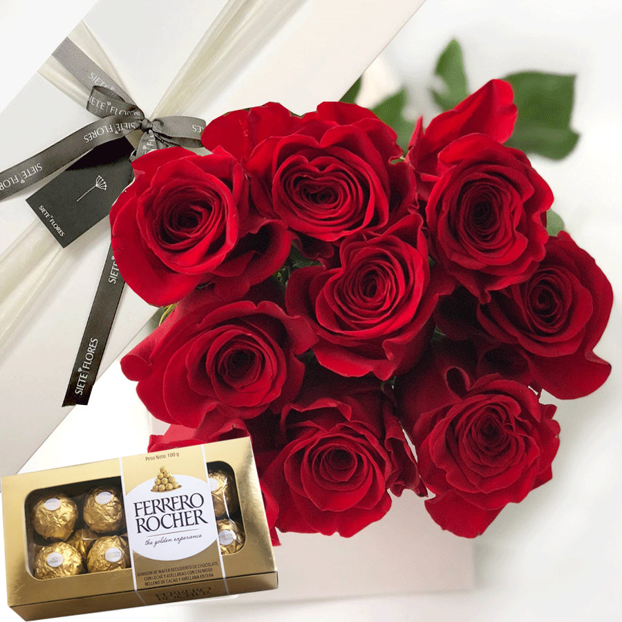 Caja de 9 Rosas Rojas mas Chocolate Ferrero - Siete Flores
