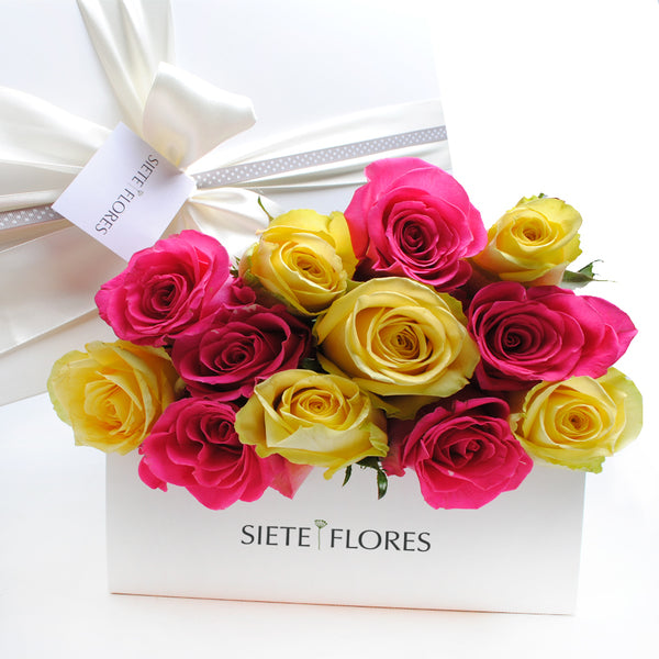 Caja de 12 Rosas Amarillas y Fucsia – Siete Flores