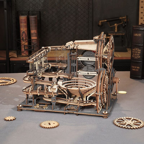 wooden marble run model kit product photo in library background
