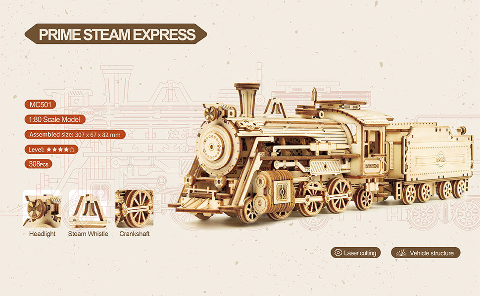 Prime Steam Express Model Wooden 3D Puzzle by ROKR - Puzzle Score