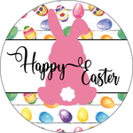 Happy Easter Sign, Pink Bunny Sign, Easter Egg Bunnies Signs, Front Door Wreath Sign, Round Metal Wreath Sign, Craft Embellishment
