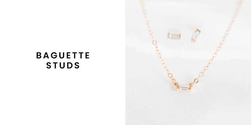 Best sellers, dainty delicate layering and stacking jewelry by Katie Dean Jewelry, handmade in America, featuring the Baguette Studs