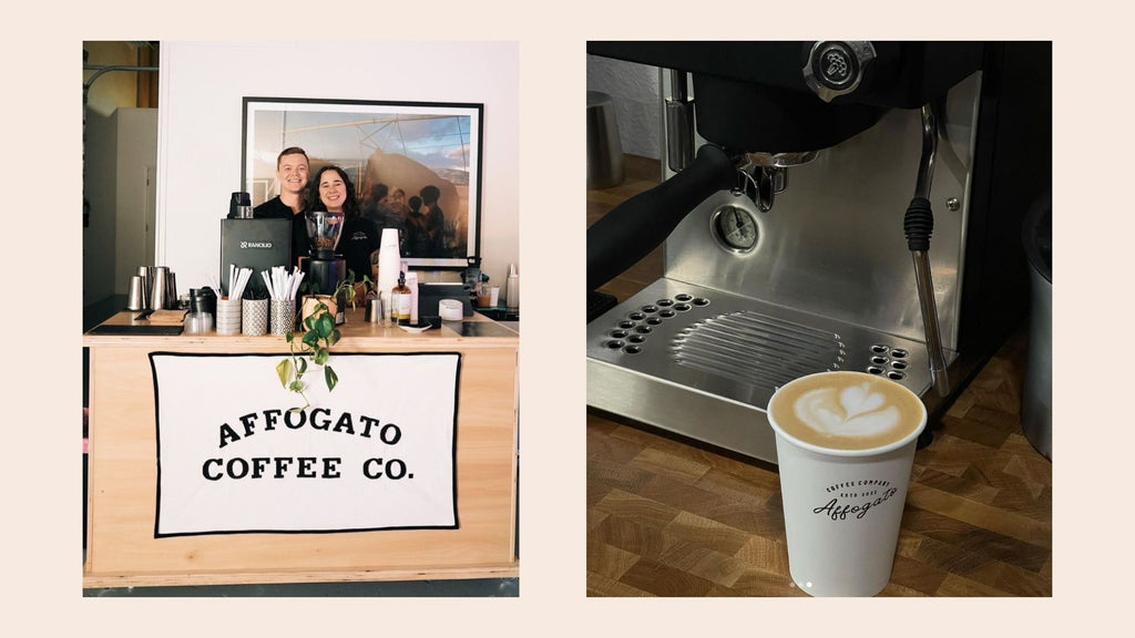 Picture of the founders of Affogato Coffee Co in front of their espresso machine on the left and on the right a picture of their latte art.