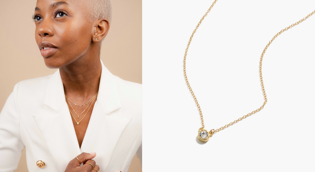 Dainty, delicate gold April Birthstone necklace from the Birthstone Collection. Minimalist jewelry made in America by Katie Dean Jewelry.