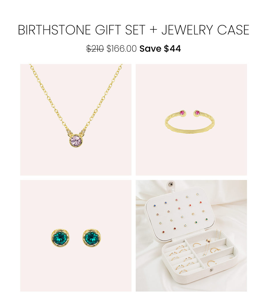 The Birthstone Gift Set by Katie Dean Jewelry, featuring a dainty gold Birthstone Necklace, Birthstone Ring, Birthstone Earrings and a FREE travel jewelry case