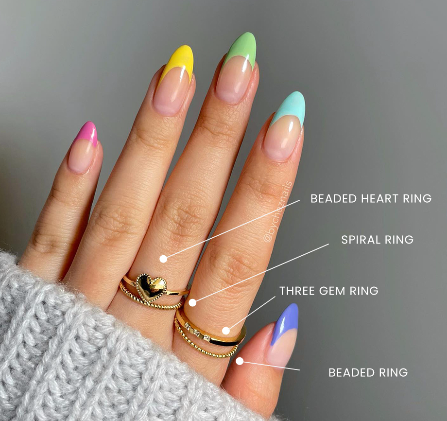 Bycheznails_ beaded heart ring_spiral ring_beaded ring_three gem ring_rainbow nails_dainty minimal stacking rings_handmade in America_Katie Dean Jewelry