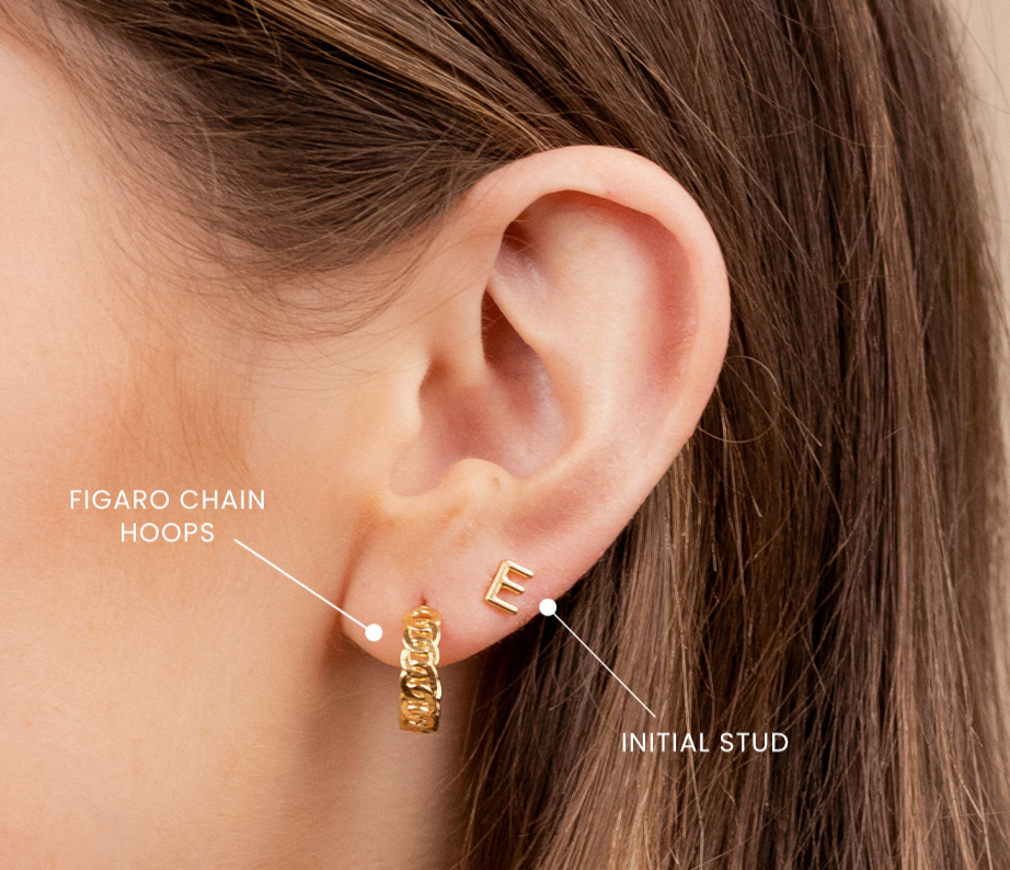 Model wearing Initial Studs, highlighting their versatile and stylish appearance.