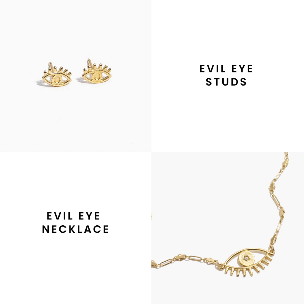 Evil Eye Necklace and Evil Eye Stud Earrings made in America by Katie Dean Jewelry, matching dainty layering jewelry sets