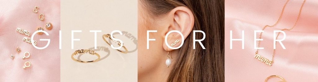 A banner image showing four different photos side by side featuring the Mama Necklace, Mama Earrings, Mama Ring and Pearl Earrings from the Gifts for Her Collection.