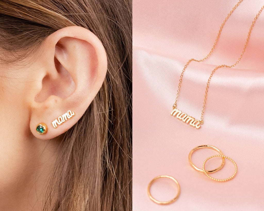Split image featuring the Katie Dean Jewelry Mama Collection, on the left an ear showing the Mama Studs and on the right the Mama necklace as seen on a pink piece of satin.