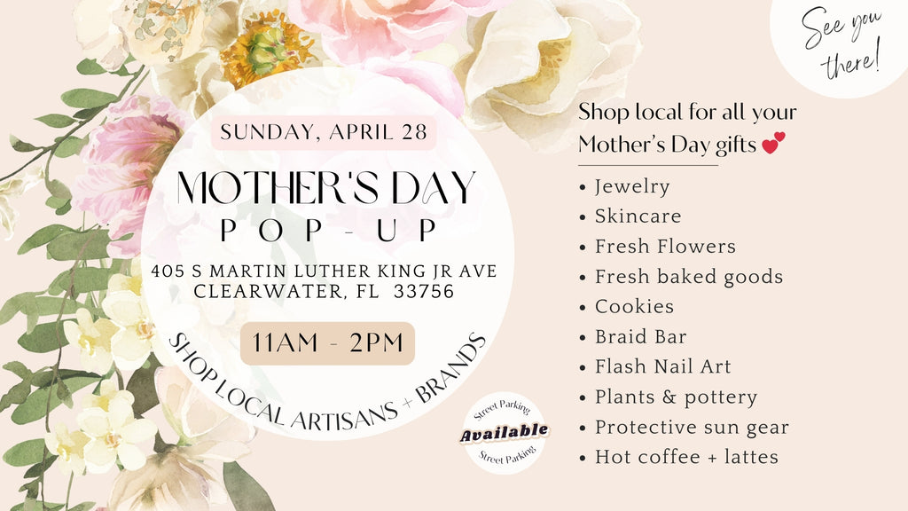 Katie Dean Jewelry Mother's Day Pop-Up Shop Event Flyer, Sunday, April 28th in Clearwater, Florida with a beautiful floral design.