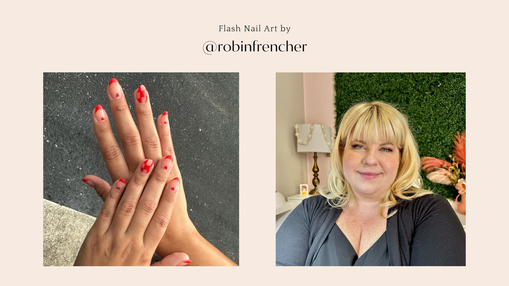Side by side image, the left showing a red checker and heart nail design and the right a portrait of nail artist, Robin Frencher