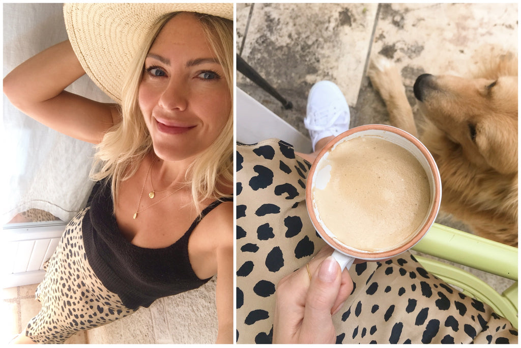 Trullo Sant'angelo, Katie Dean selfie + coffee with dog 2019 trip