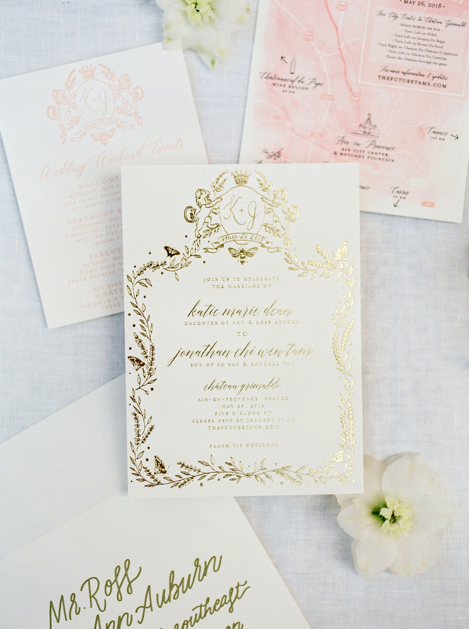 Wedding invitation suite, Minted, Katie Dean Jewelry, Jonathan Tam, Provence France Wedding