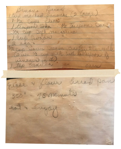 Original handwritten recipe cards, Grandma Julie Banana Bread Recipe