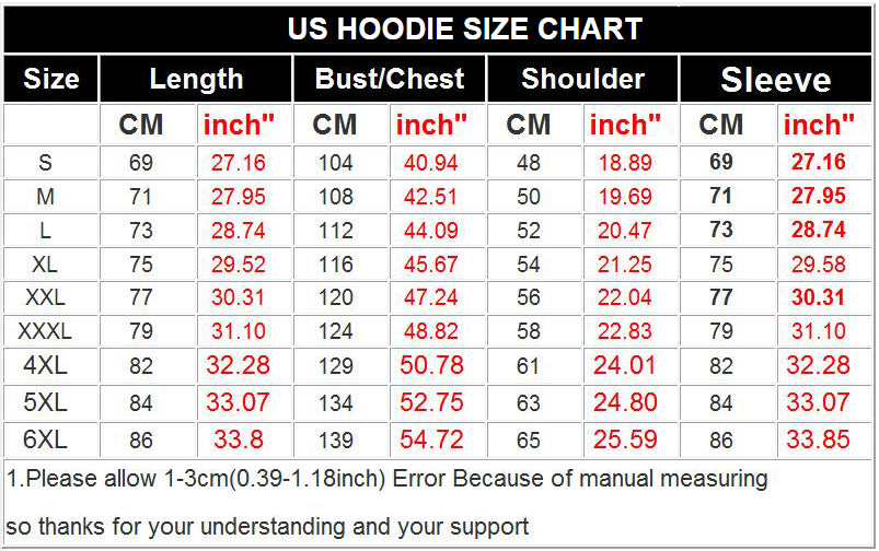 Hoodie Us Size Chart
